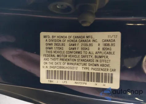 2018 Honda Civic Touring from USA, damaged, VIN 2HGFC3B96JH350312